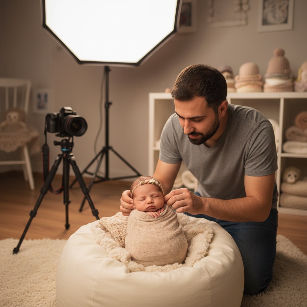 Niko Karadağ — yenidoğan fotoğrafçısı, stüdyoda çekim anı